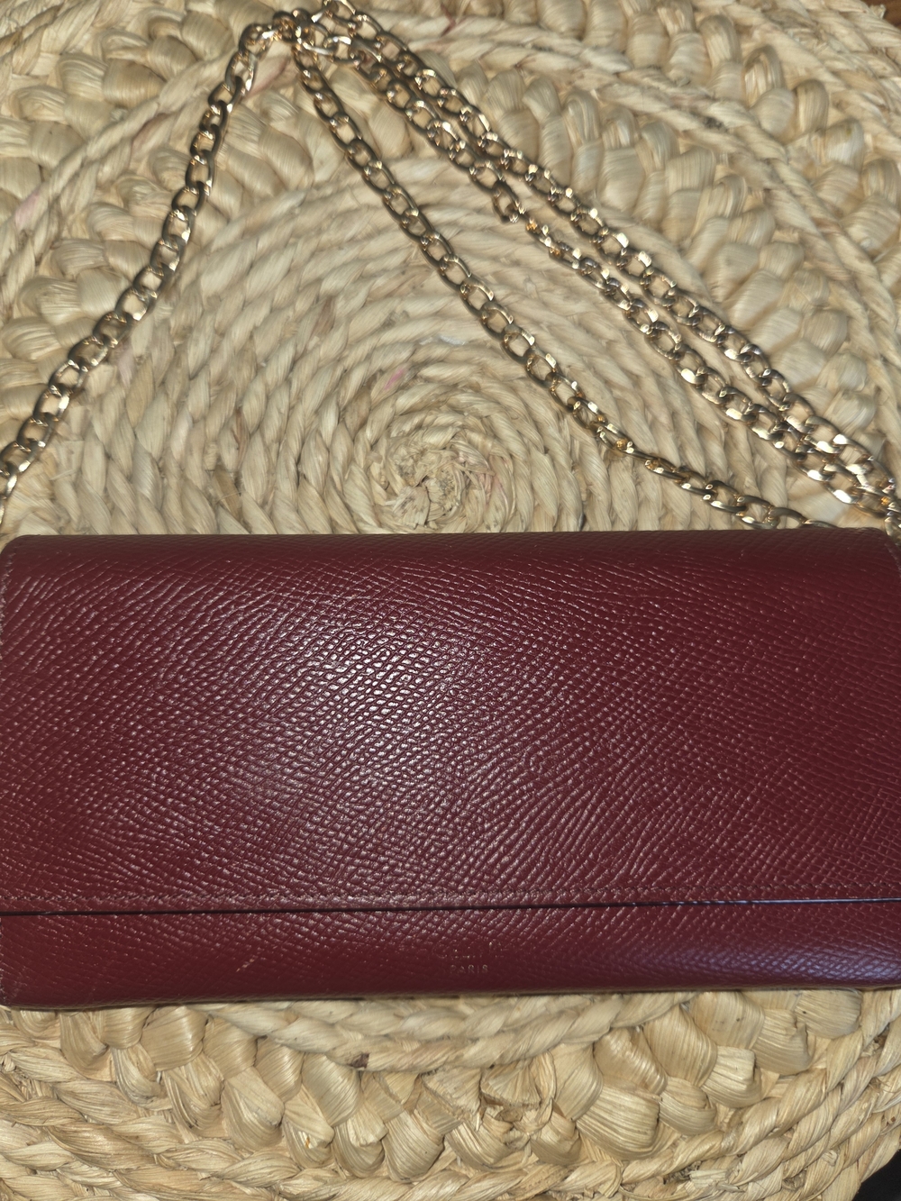 Celine Burgundy Leather Long Wallet/crossbody Gold Chain W/COA calf Skin